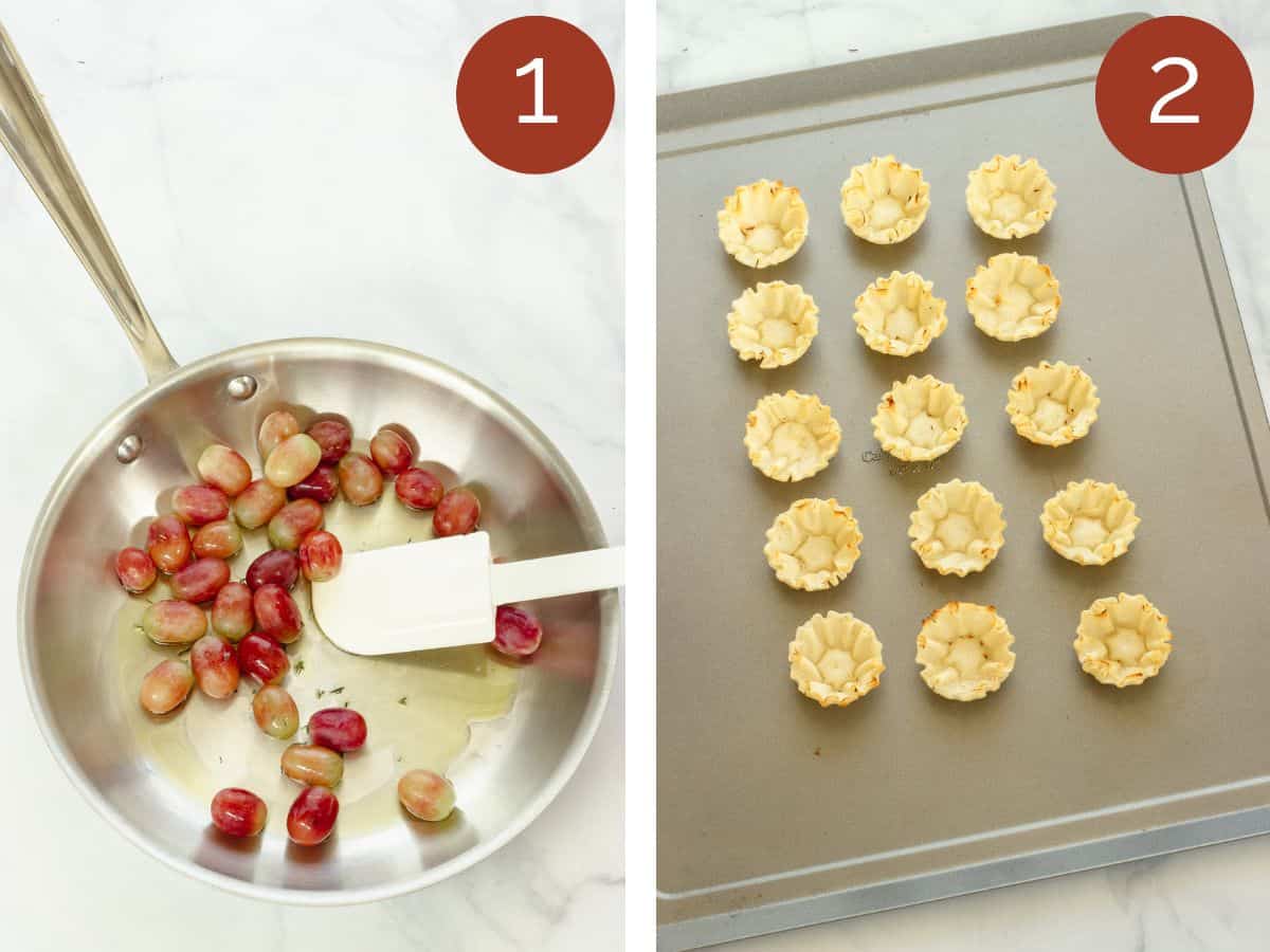 Steps 1 and 2 to make roasted grapes phyllo cup appetizers.