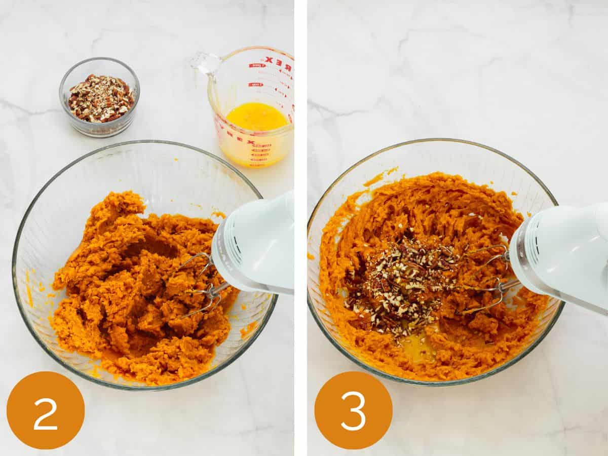 A hand mixer mixing sweet potatoes for sweet potato souffle. Steps 2 and 3.