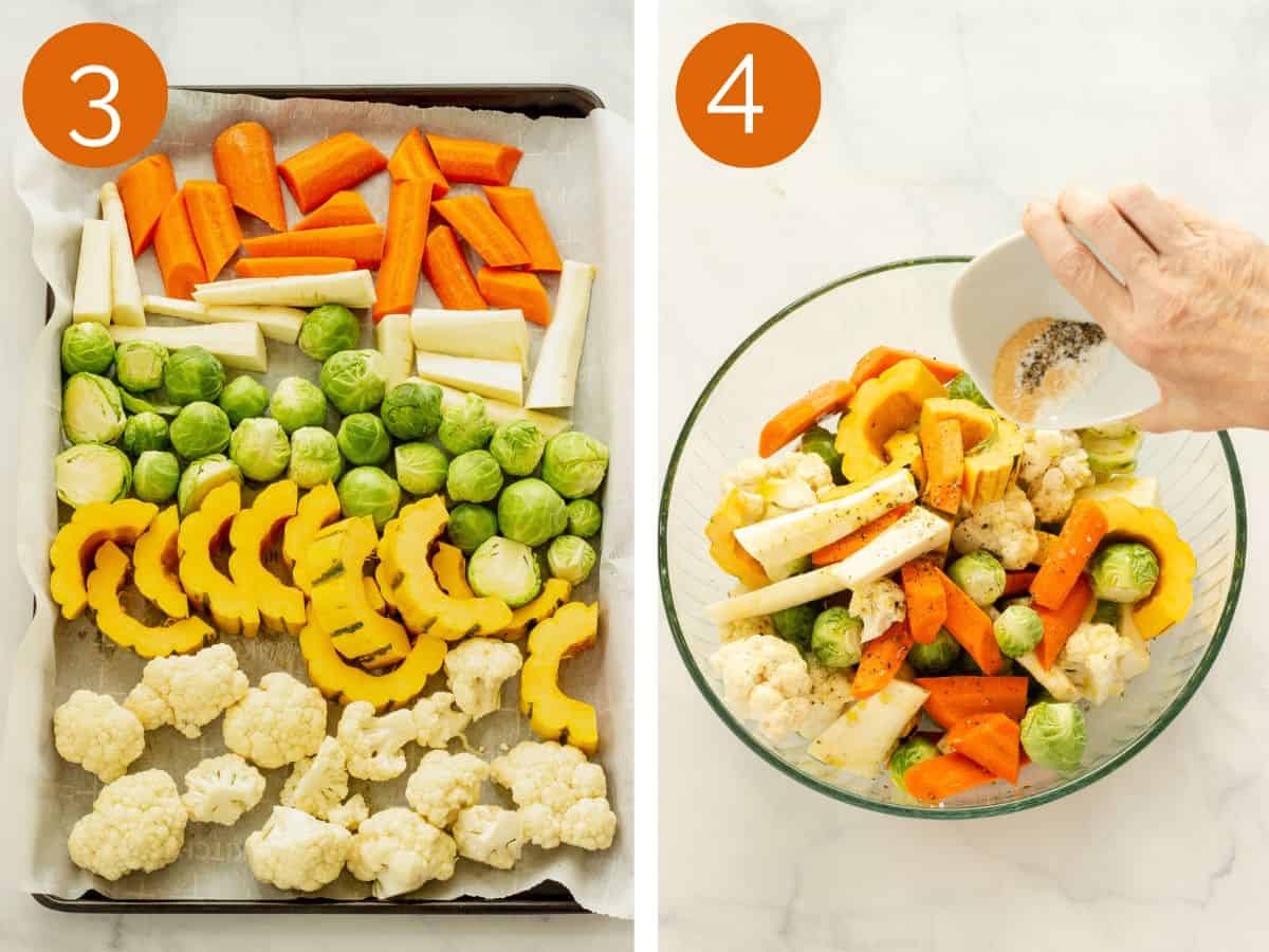 Steps 3 and 4 to make roasted fall vegetables.