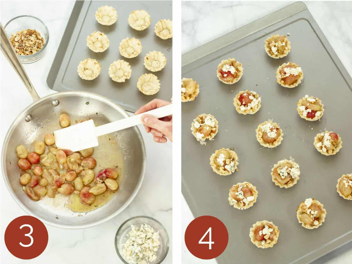 Steps 3 and 4 to make roasted grapes phyllo cup appetizers.