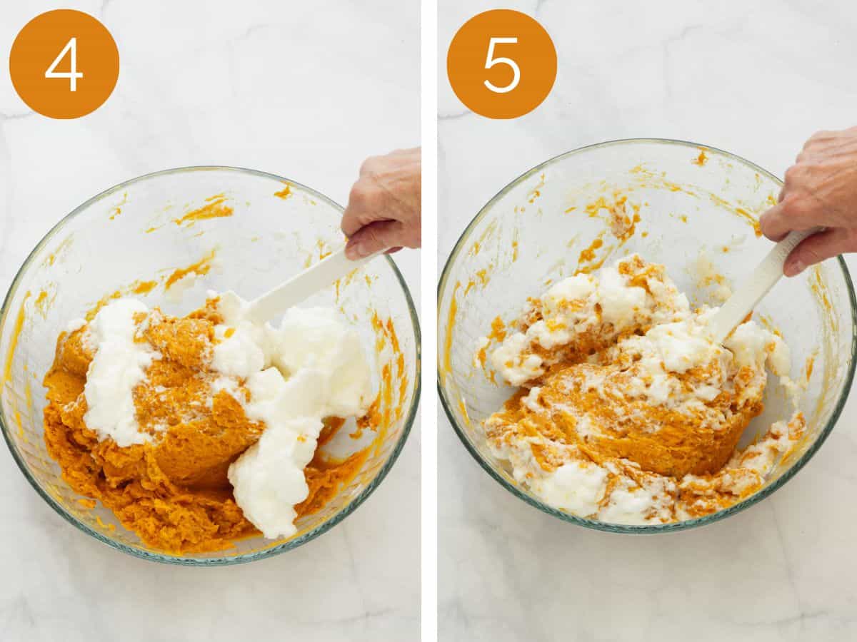 A person folding egg whites into sweet potato souffle with a spatula. Steps 4 and 5.