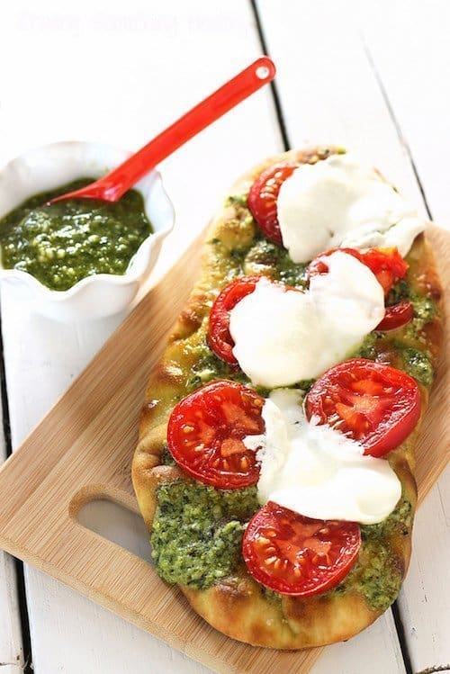 Grilled Flatbread Pizza with Pesto Tomatoes & Fresh Mozzarella