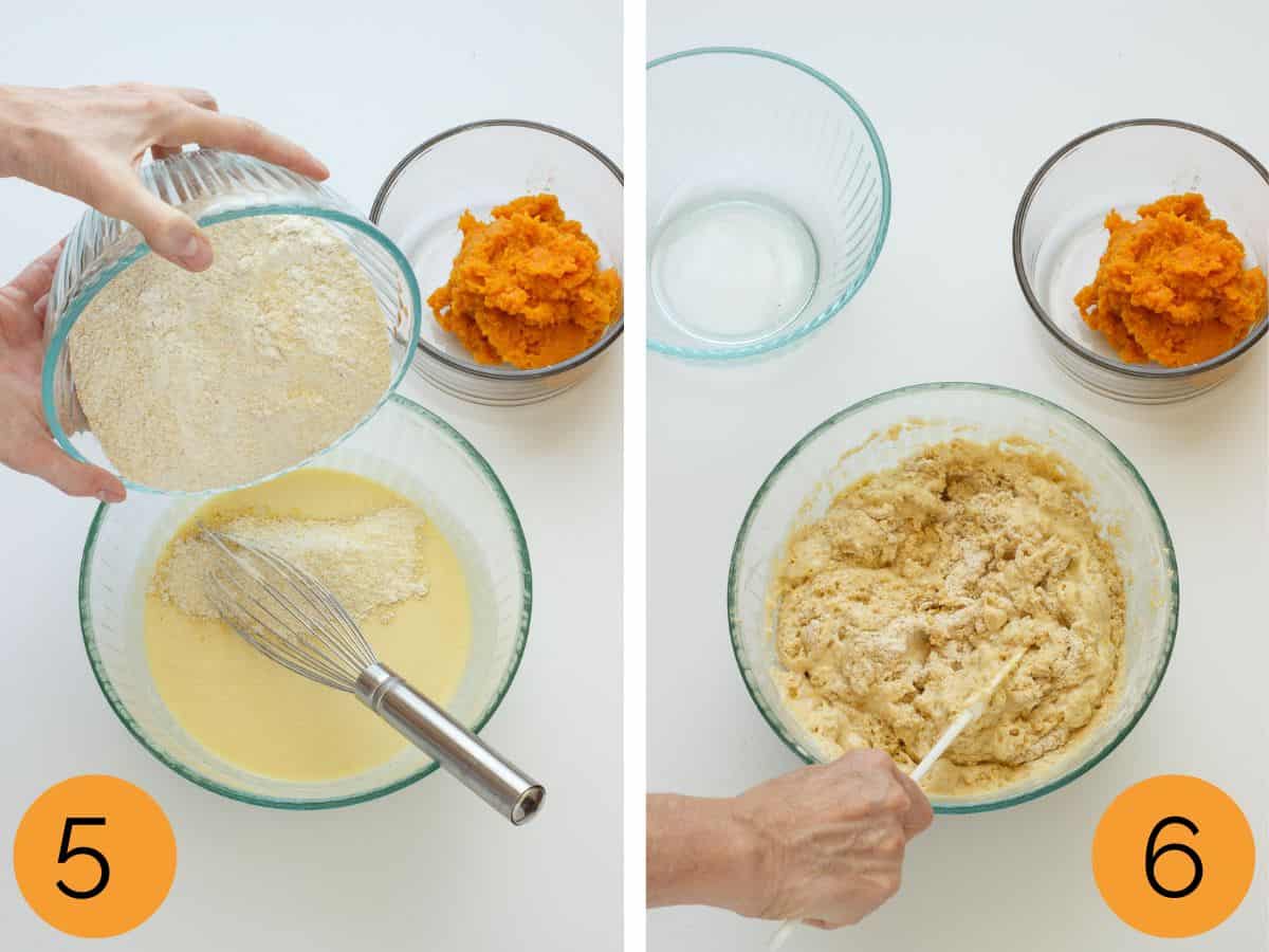 sweet potato cornbread steps 5-6 combining the wet and dry ingredients.