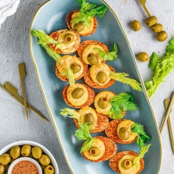 A platter of Bloody Mary Deviled Eggs