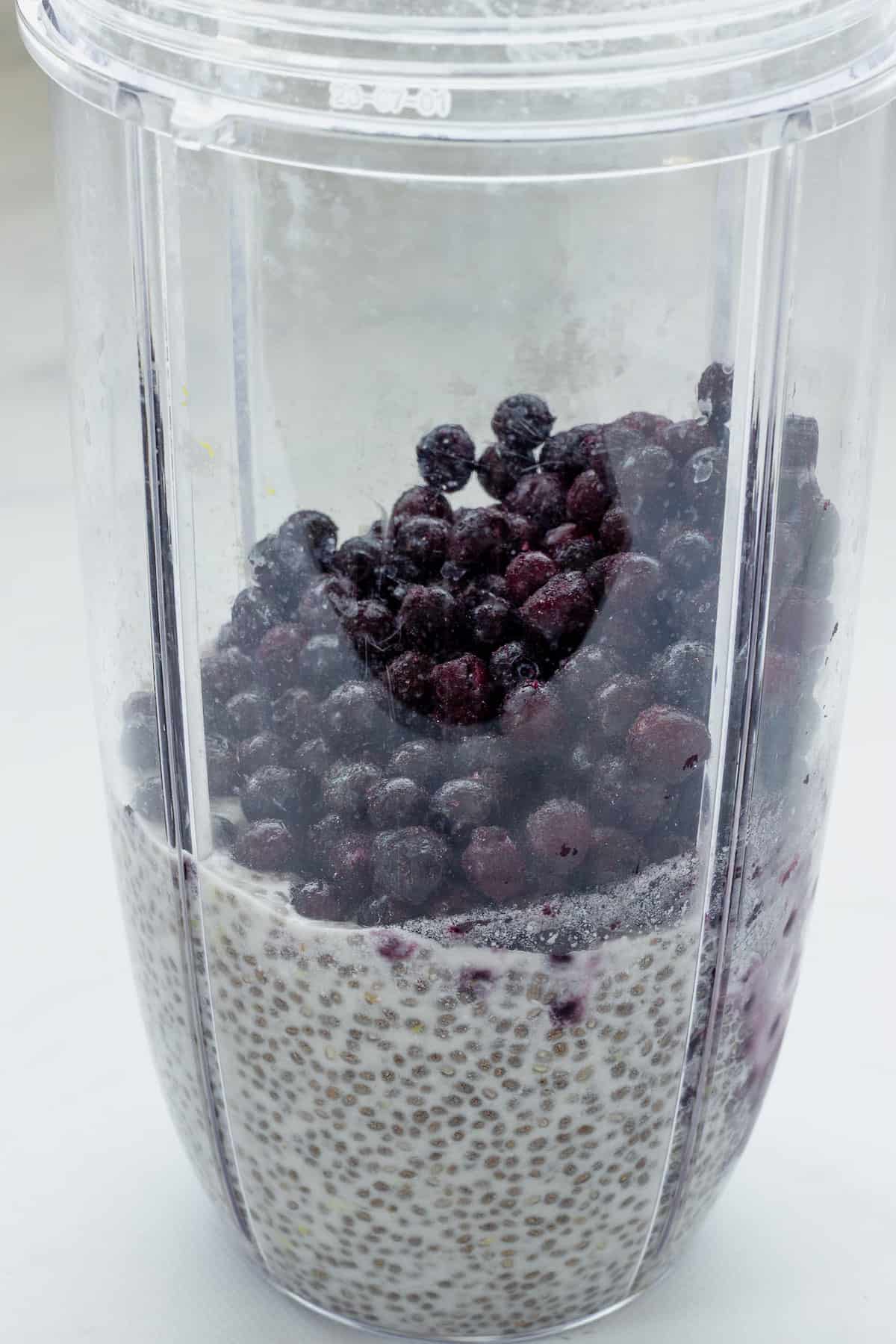 A blender jar with chia seeds soaked in milk, topped with frozen blueberries