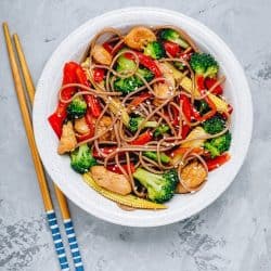 white plate with stir fried chicken and vegetables