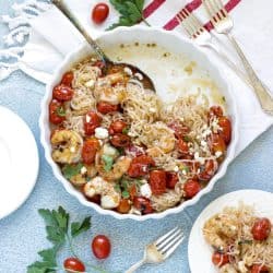 White plate of Shirataki noodles with shrimp and tomatoes on blue background