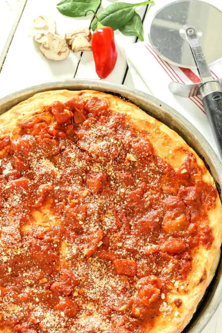 A pan of homemade Chicago-style pizza