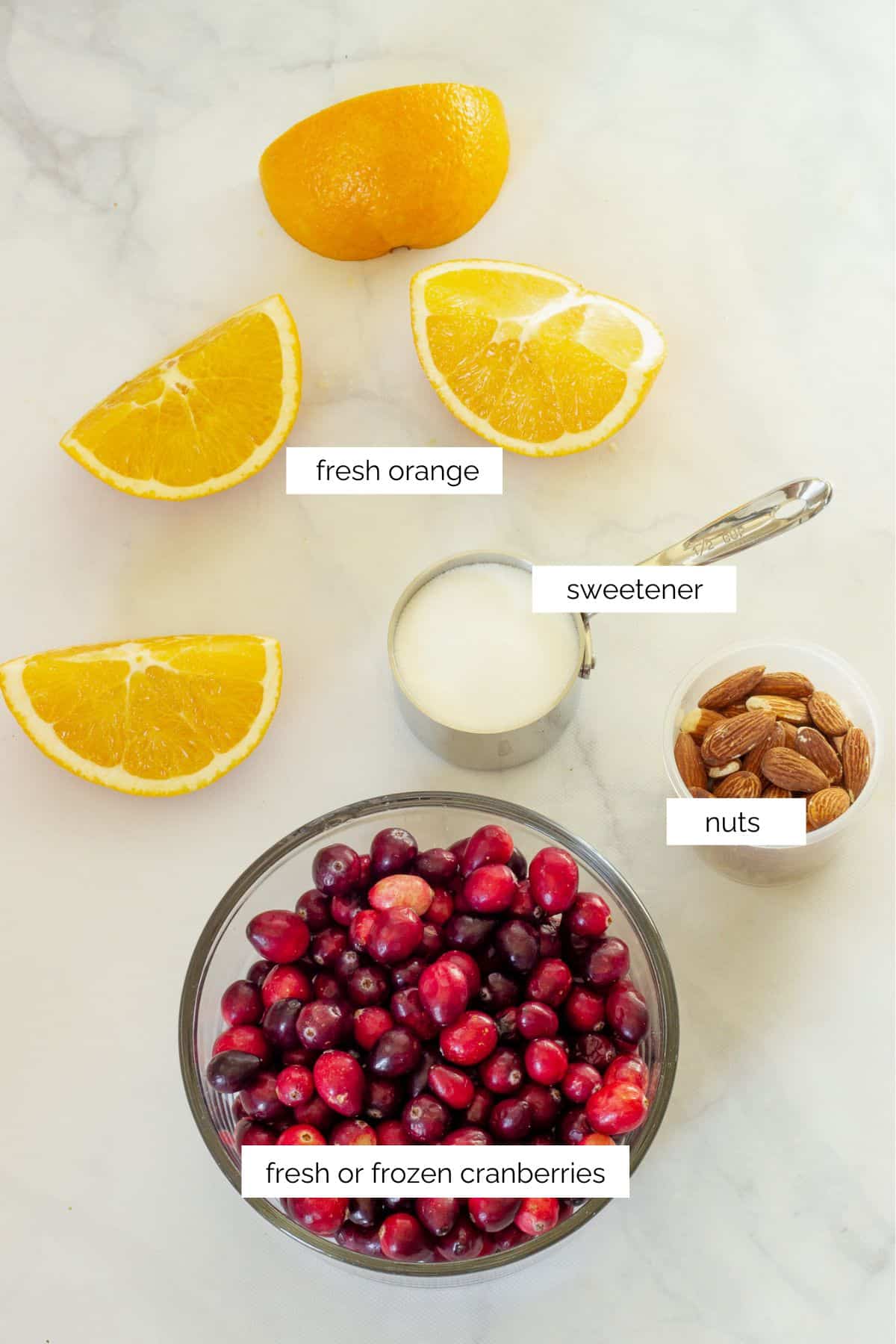 Ingredients needed to make low sugar cranberry orange relish.
