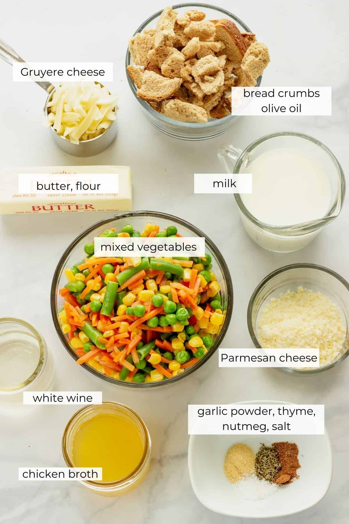 Ingredients needed to make mixed vegetable casserole.