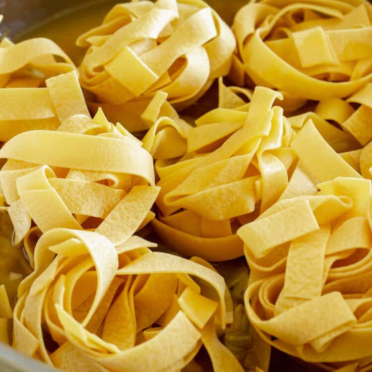 A closeup shot of pappardelle pasta noodles rolled into "nests"