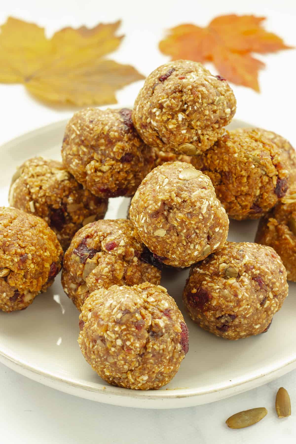 A plate of pumpkin spice protein balls.