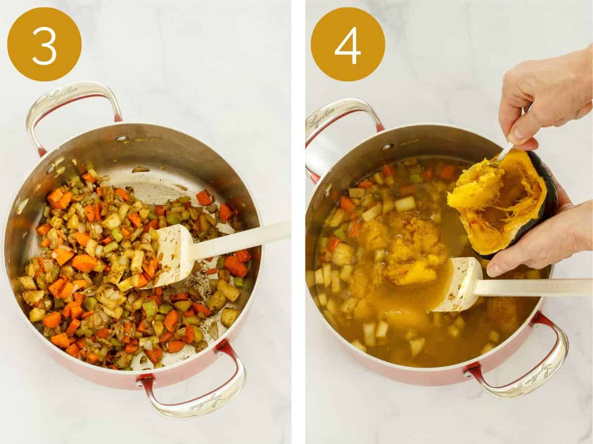 Steps 3 & 4 to make roasted acorn squash soup.