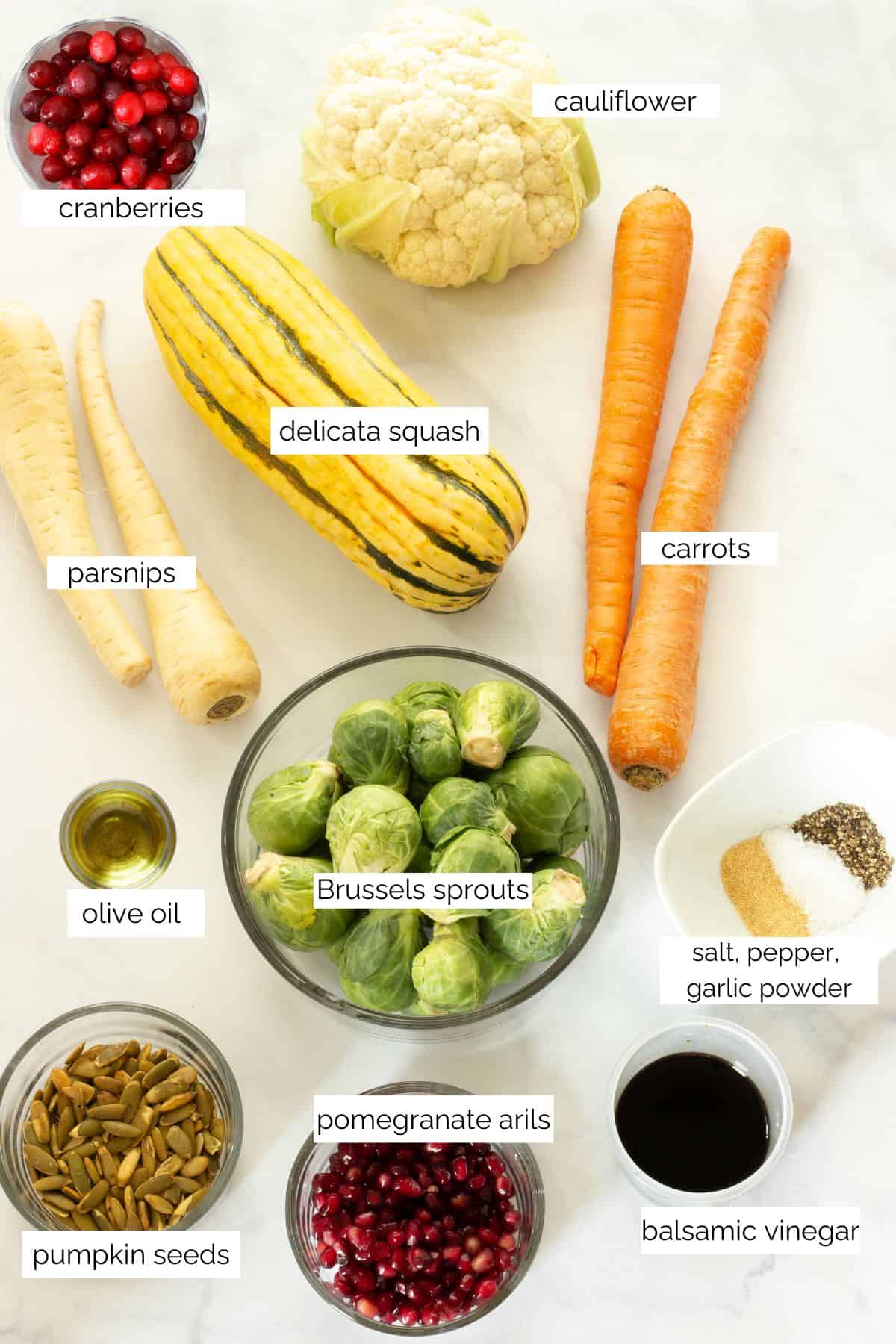 Ingredients needed to make roasted fall vegetables.