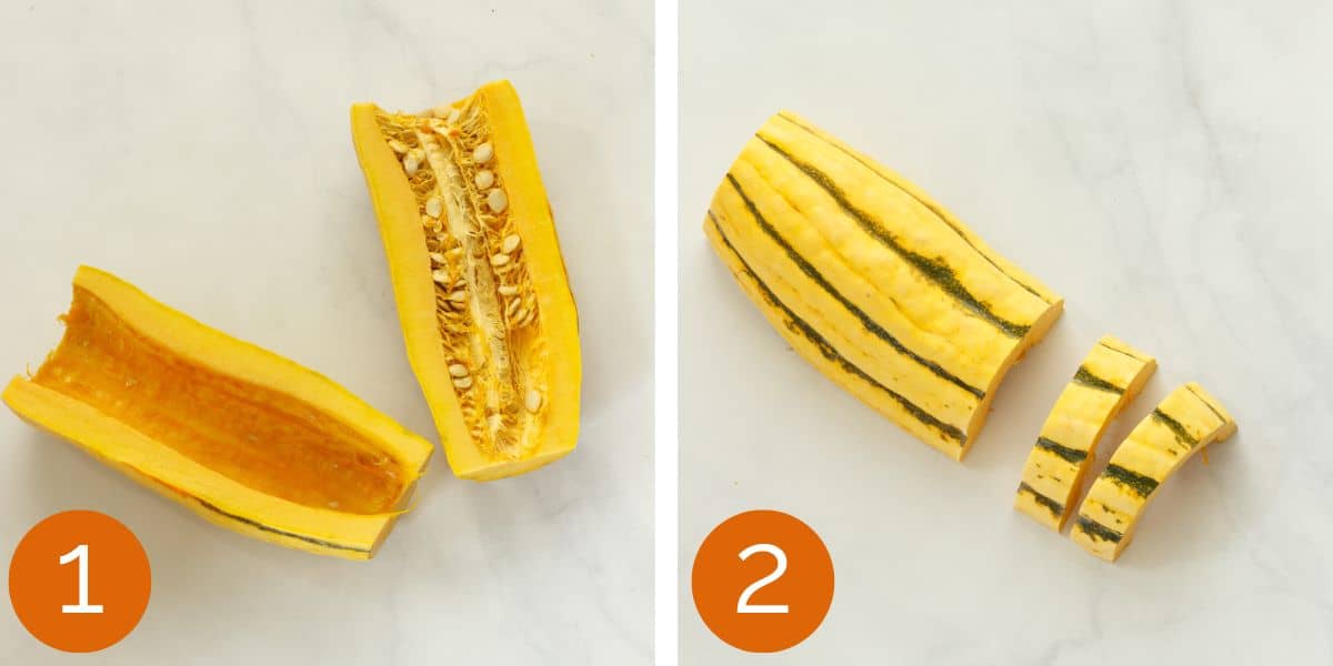 Steps 1 and 2 to make roasted fall vegetables. How to prep the delicata squash.