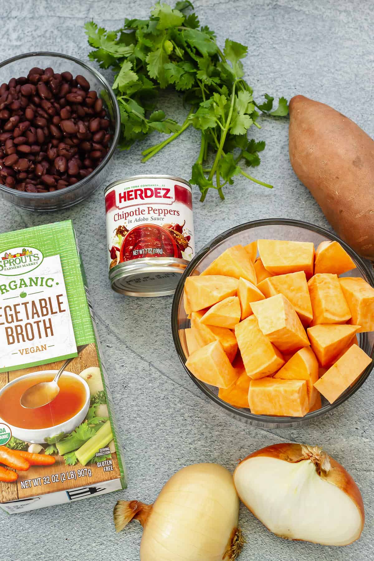 Ingredients for creamy sweet potato black bean soup.