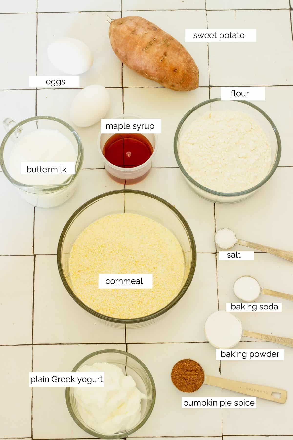 Ingredients needed to make sweet potato cornbread.